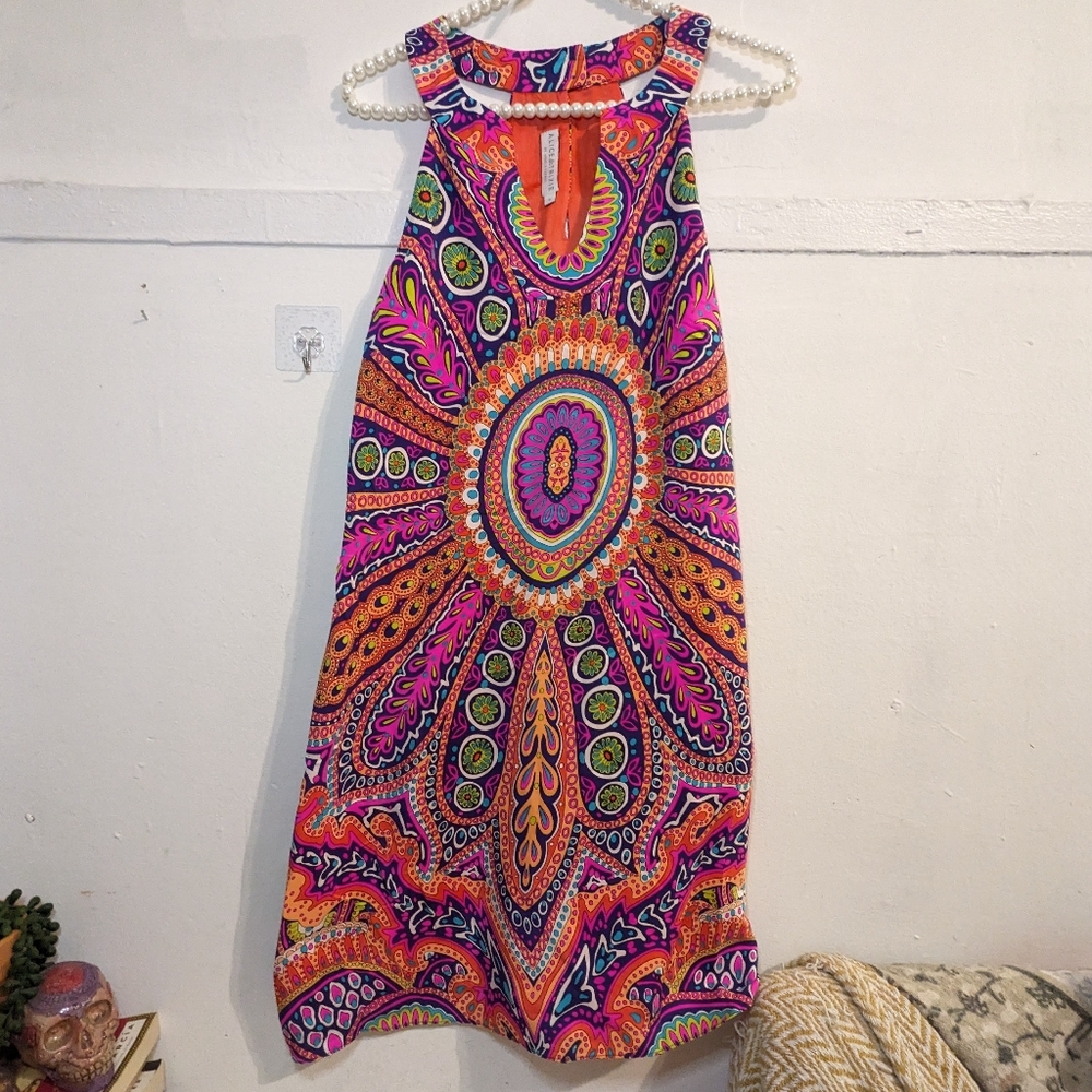 Alice & Trixie Silk Shift Dress - Psychedelic 60s 70s Woodstock Colorful Summer
